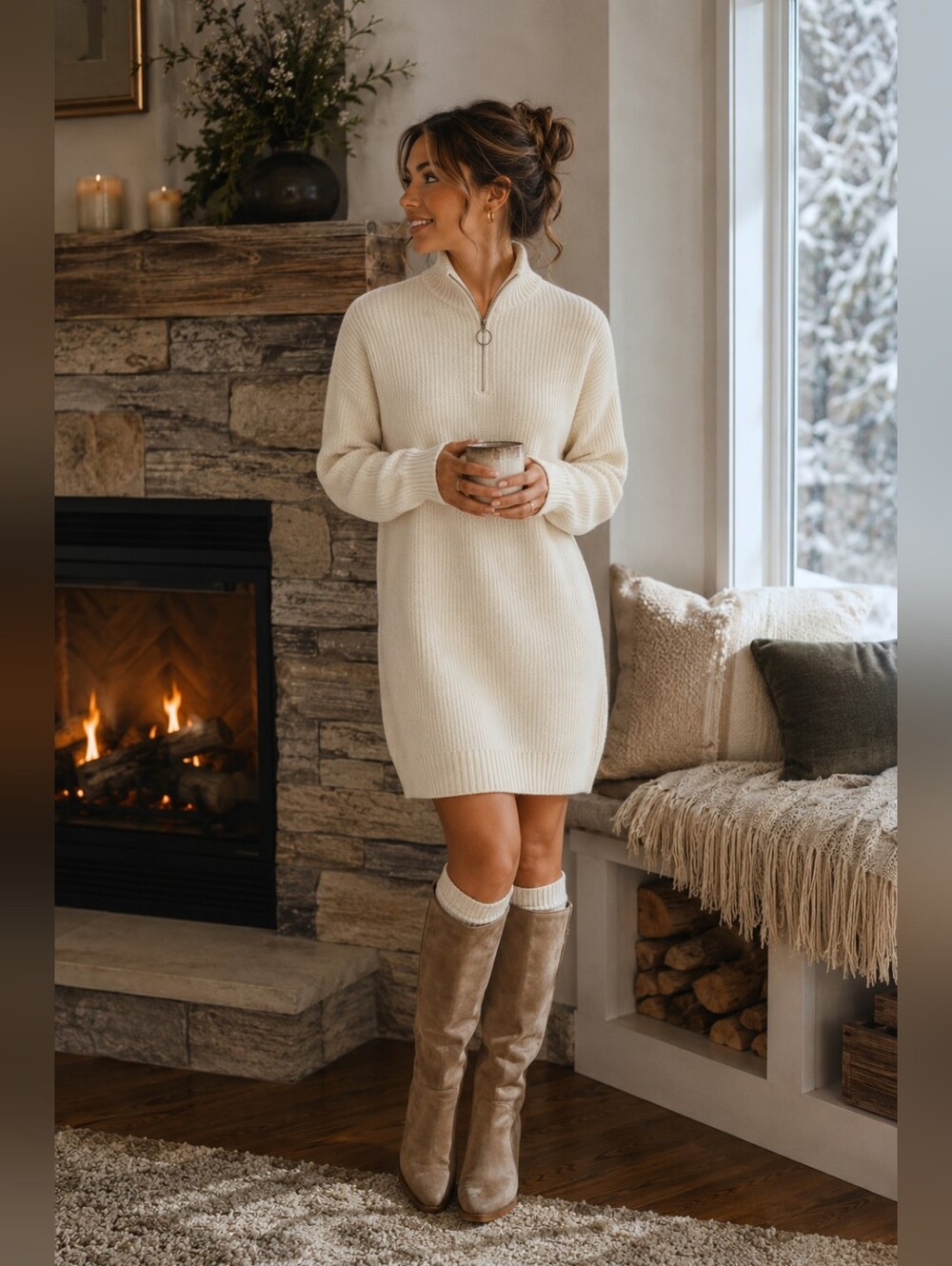 BP. Sporty Quarter Zip Long Sleeve Sweater Dress in Cream Neutral Women's Small